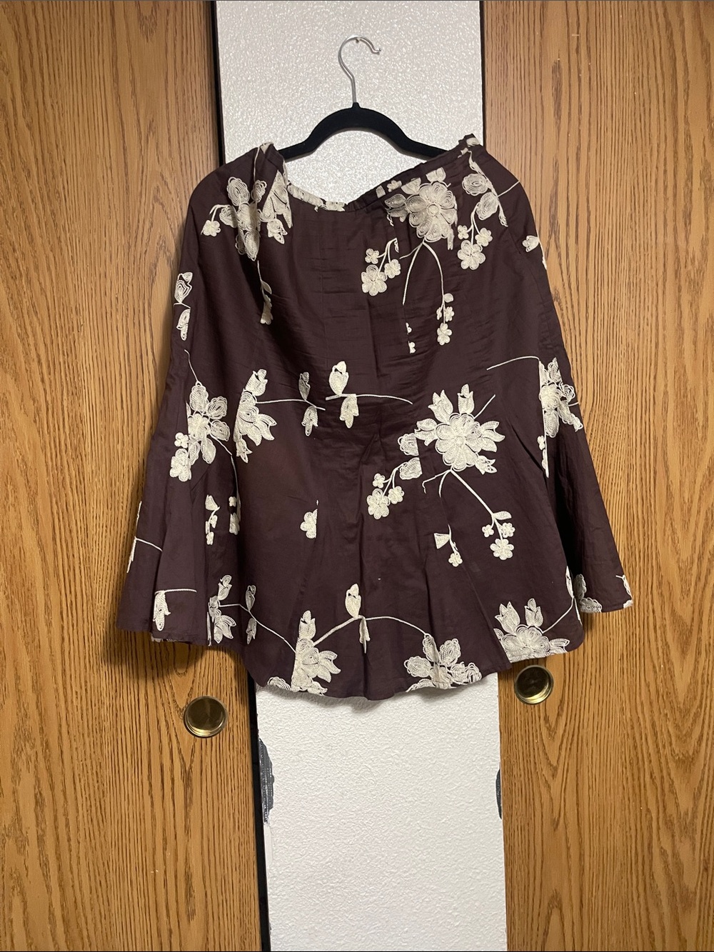 Willi Smith Brown A-Line Skirt with Cream Floral Appliqué